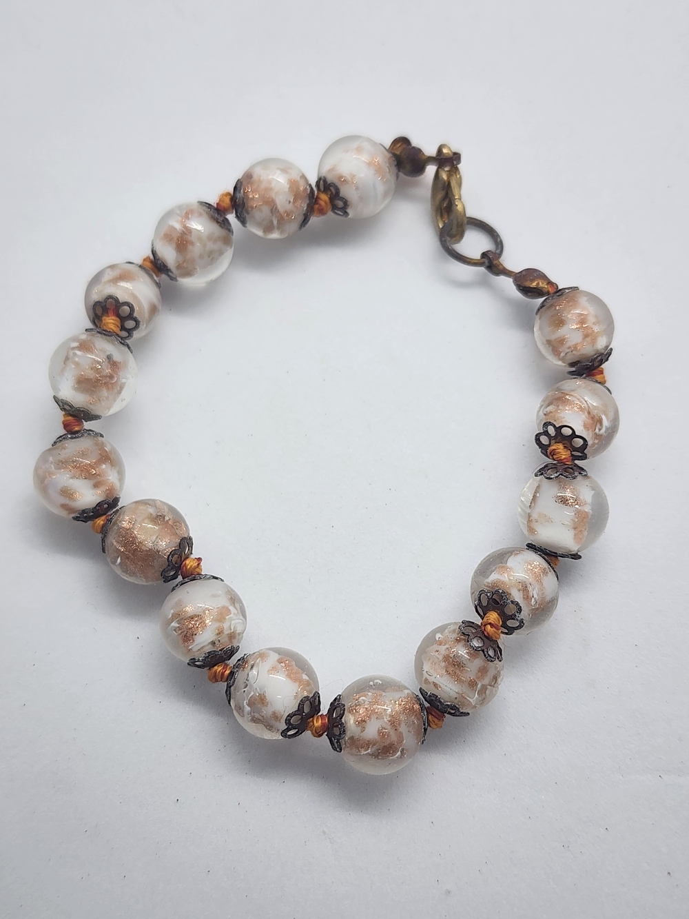 Vintage 1950s Murano Venetian Glass Bracelet Aventurine Gold White Filigree
